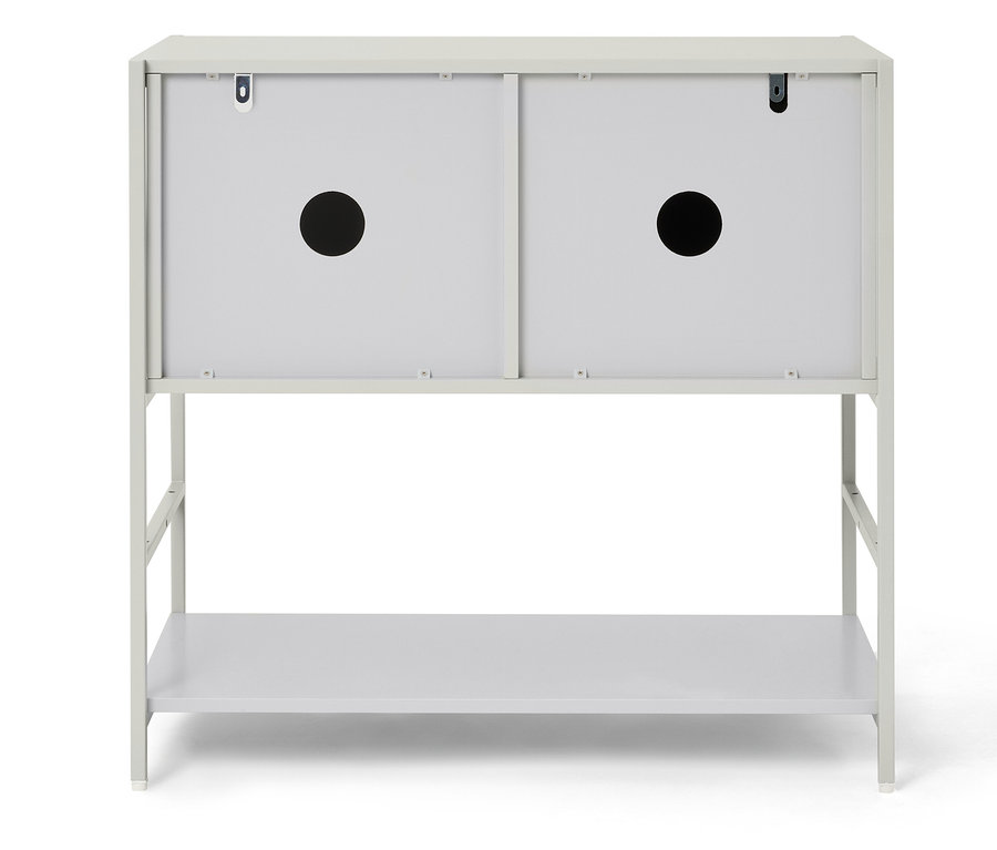 Un meuble sous-vasque gris avec deux tiroirs et une étagère ouverte.