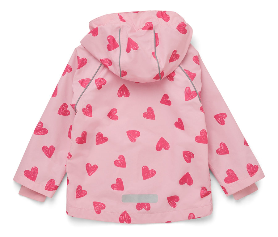 Veste rose pour enfant avec motif de cœurs, vue de dos.