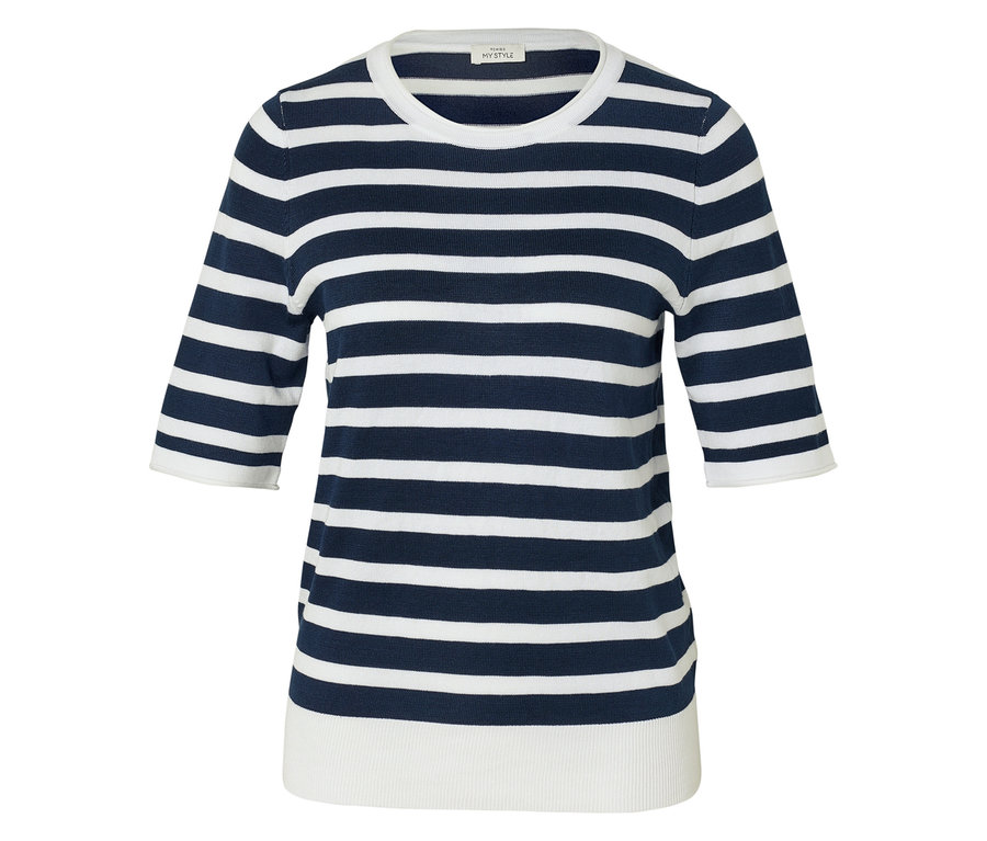 T-shirt rayé à manches trois-quarts bleu et blanc.