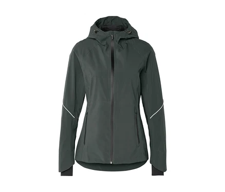 Veste à capuche gris foncé avec une fermeture éclair intégrale, deux poches zippées et des bandes réfléchissantes blanches sur les manches. Elle a des poignets noirs et un ourlet incurvé.