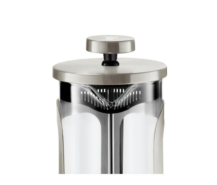 Détail d'une cafetière à piston argentée de 300 ml pour 2 tasses.