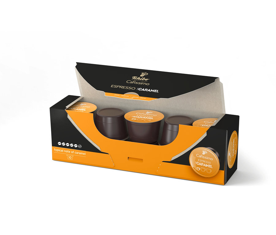 Paquet ouvert de capsules Cafissimo Flavoured Edition Espresso Caramel – 10 capsules.