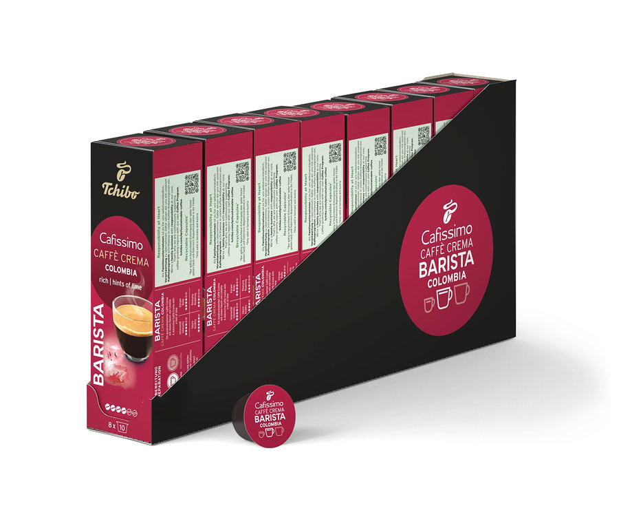 Un paquet de capsules de café Cafissimo Barista Colombia. Les capsules sont disposées dans un emballage noir.