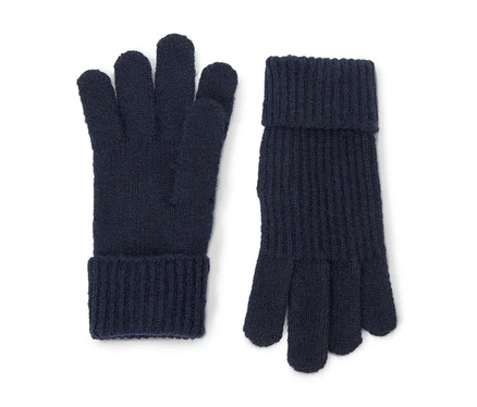 Deux gants tricotés bleu marine, l'un paume vers le haut, l'autre paume vers le bas. Les deux ont des poignets côtelés.