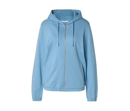 Sweat à capuche zippé bleu clair avec capuche, cordons de serrage, fermeture éclair argentée, deux poches avant et poignets et ourlet côtelés.