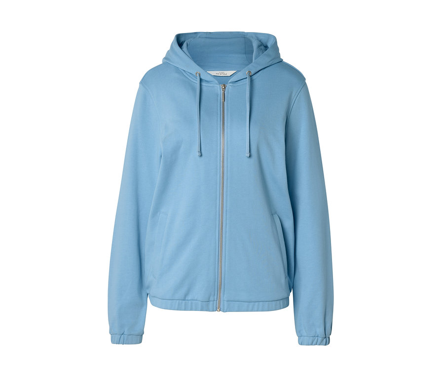 Sweat à capuche zippé bleu clair avec capuche, cordons de serrage, fermeture éclair argentée, deux poches avant et poignets et ourlet côtelés.