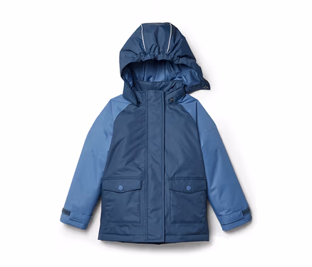 Veste enfant bicolore bleue avec capuche, fermeture éclair et deux poches à rabat.