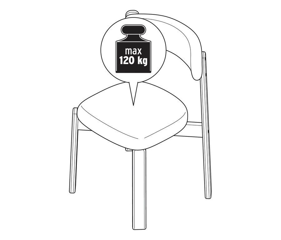 Dessin au trait d'une chaise avec une bulle de dialogue pointant vers l'assise, affichant une icône de poids et "max 120 kg".