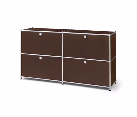Meuble modulaire marron à quatre compartiments, avec cadre argenté et poignées rondes, sur fond blanc.