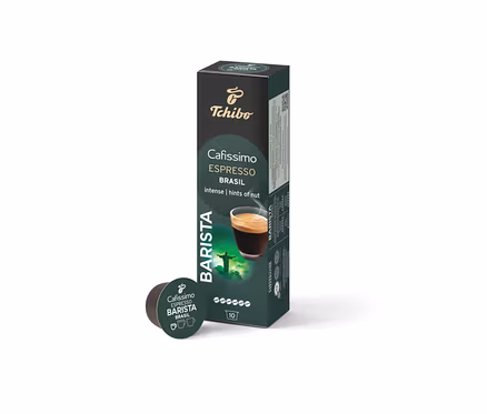 Un paquet et une capsule de Cafissimo Barista Espresso Brasil.