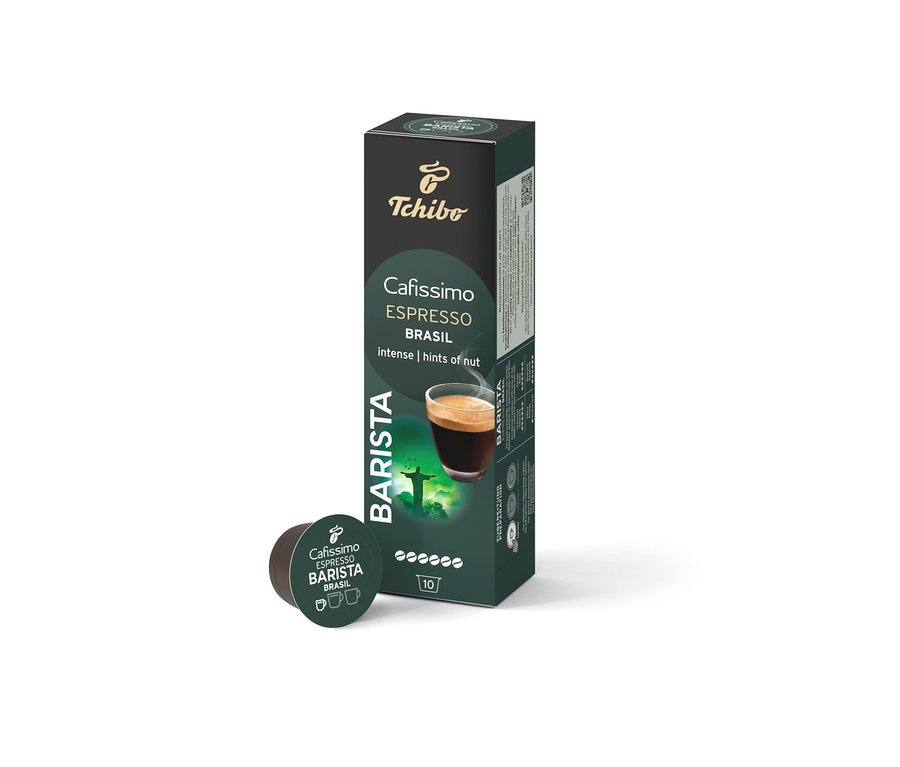 Un paquet et une capsule de Cafissimo Barista Espresso Brasil.
