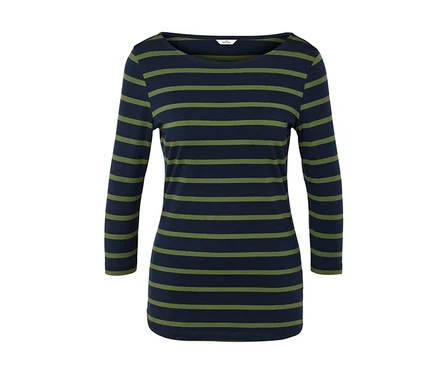 T-shirt à manches longues pour femme avec rayures horizontales bleu et vert.