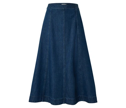 Jupe trapèze en jean bleu foncé avec coutures verticales et taille plate.