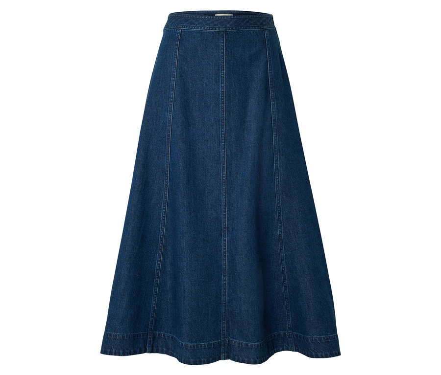 Jupe trapèze en jean bleu foncé avec coutures verticales et taille plate.