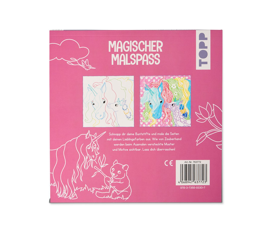 Couverture de livre de coloriage rose intitulée « Plaisir de coloriage magique », montrant des têtes de licornes avant et après coloriage, avec texte sur les motifs cachés.
