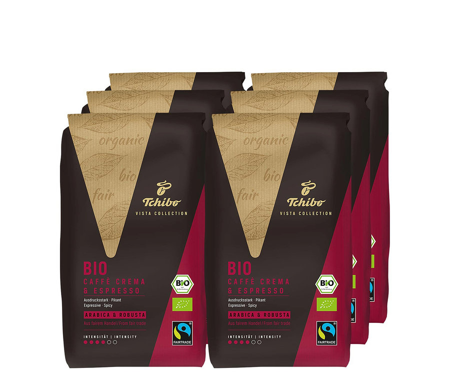 Six paquets de café Vista Collection Bio Caffé Crema & Espresso en grains - 6x 1 kg.