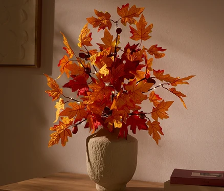 Vase texturé de couleur claire avec des feuilles d'automne artificielles orange-rouge et des baies, éclairé par de petites lumières, posé sur une commode en bois devant un mur clair. Des livres sont à droite, un tableau encadré est à gauche.
