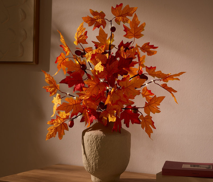 Vase texturé de couleur claire avec des feuilles d'automne artificielles orange-rouge et des baies, éclairé par de petites lumières, posé sur une commode en bois devant un mur clair. Des livres sont à droite, un tableau encadré est à gauche.