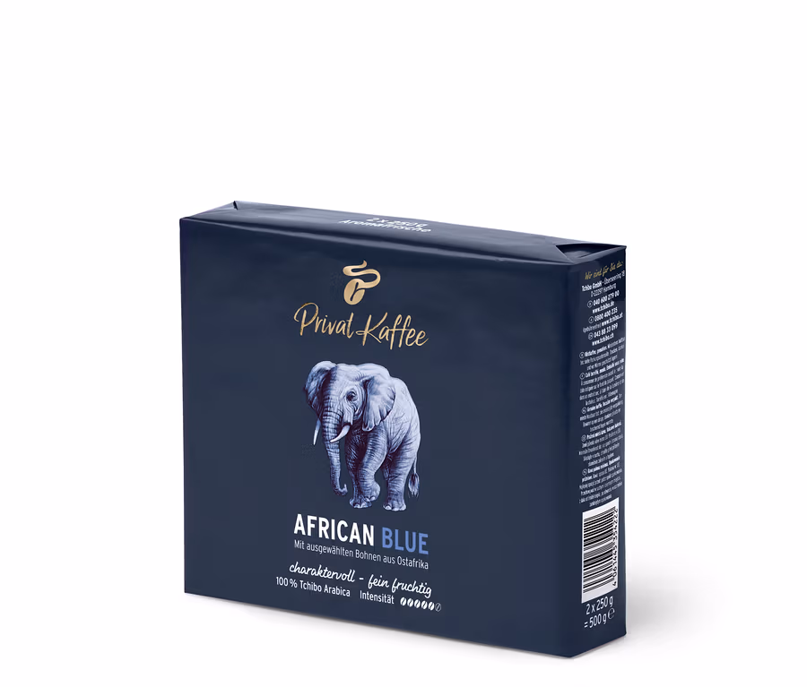Un paquet de café moulu Privat Kaffee African Blue avec une image d'un éléphant.
