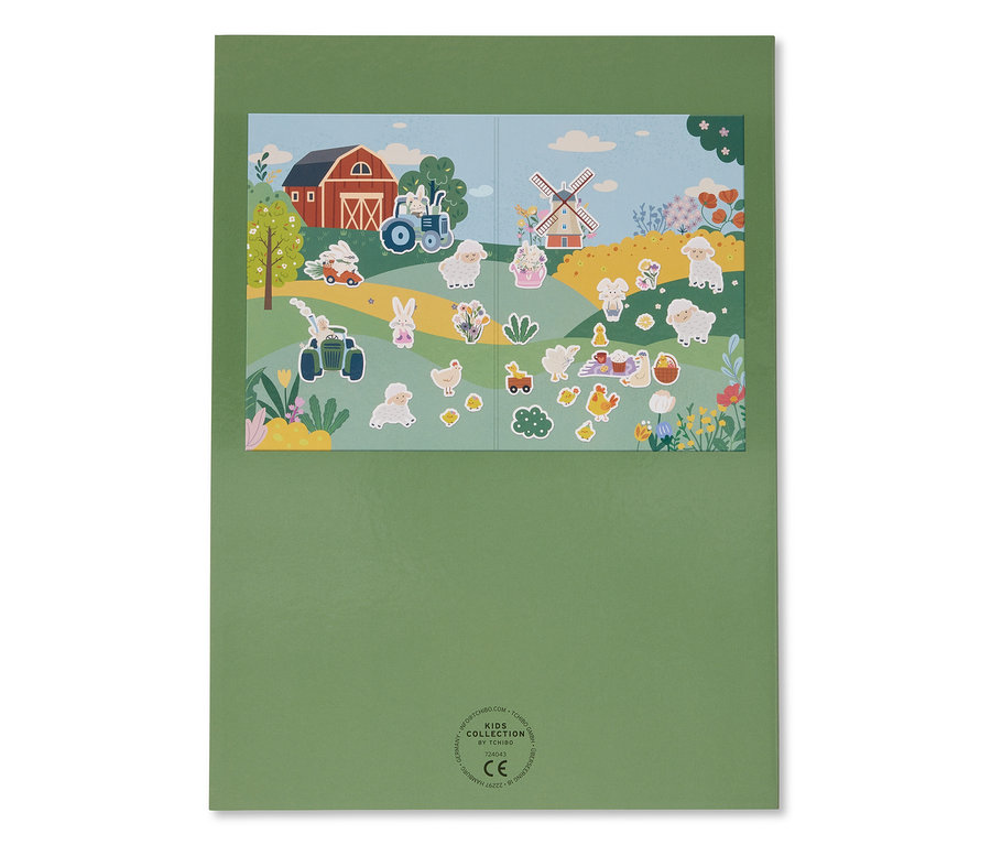 Feuille d'autocollants sur le thème de la ferme, comprenant des moutons, un moulin à vent et un tracteur.