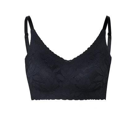 Soutien-gorge noir en dentelle avec bretelles réglables.