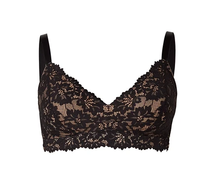 Une brassière en dentelle noire avec une doublure couleur chair, un motif floral et des bords festonnés, sur fond blanc.