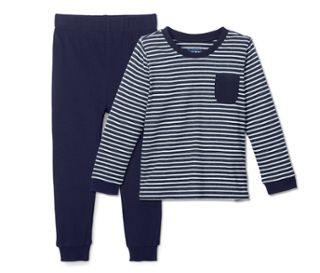 Haut bleu chiné-blanc à rayures<br>Pantalon bleu foncé