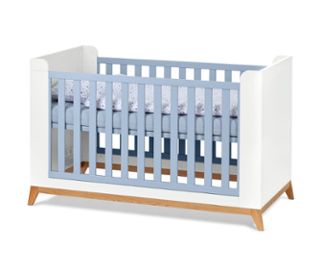 Blanc<br>Barreaux bleus<br>Piètement en chêne naturel