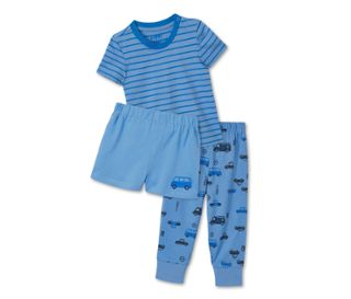 T-shirt bleu clair-bleu à rayures<br>Short bleu clair avec imprimé de bus bleu<br>Pantalon long bleu clair avec imprimé intégral bleu foncé-bleu de véhicules
