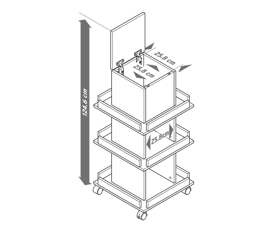 Dessin d'une tour à livres avec détails aspect chêne, hauteur 124,6 cm et largeur 25,8 cm.