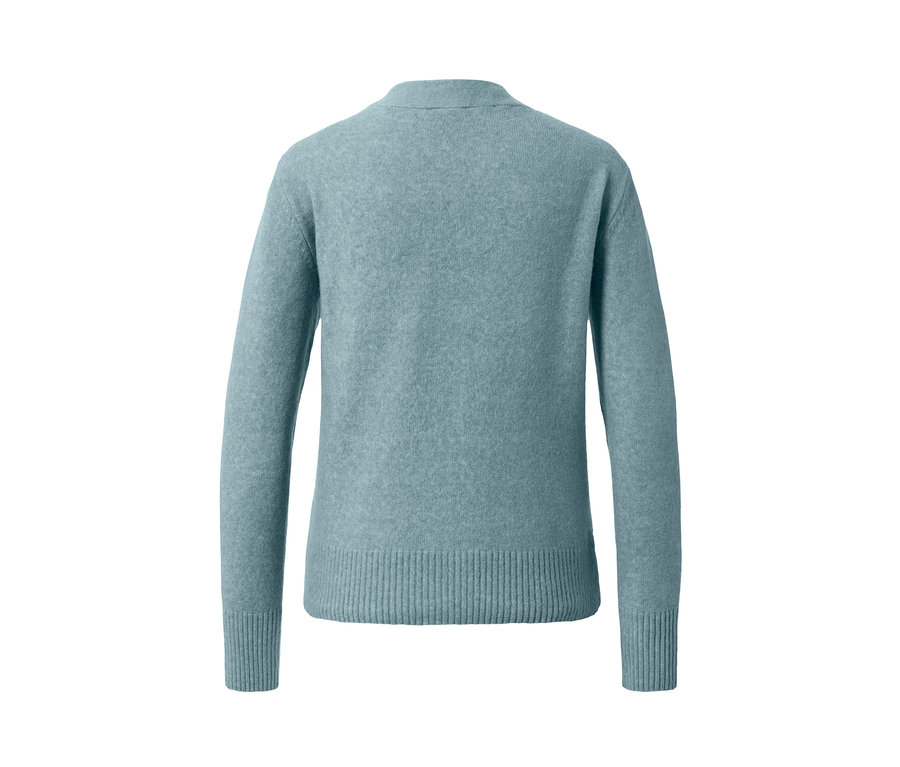 Une veste en maille bleue avec de la laine vue de derrière.