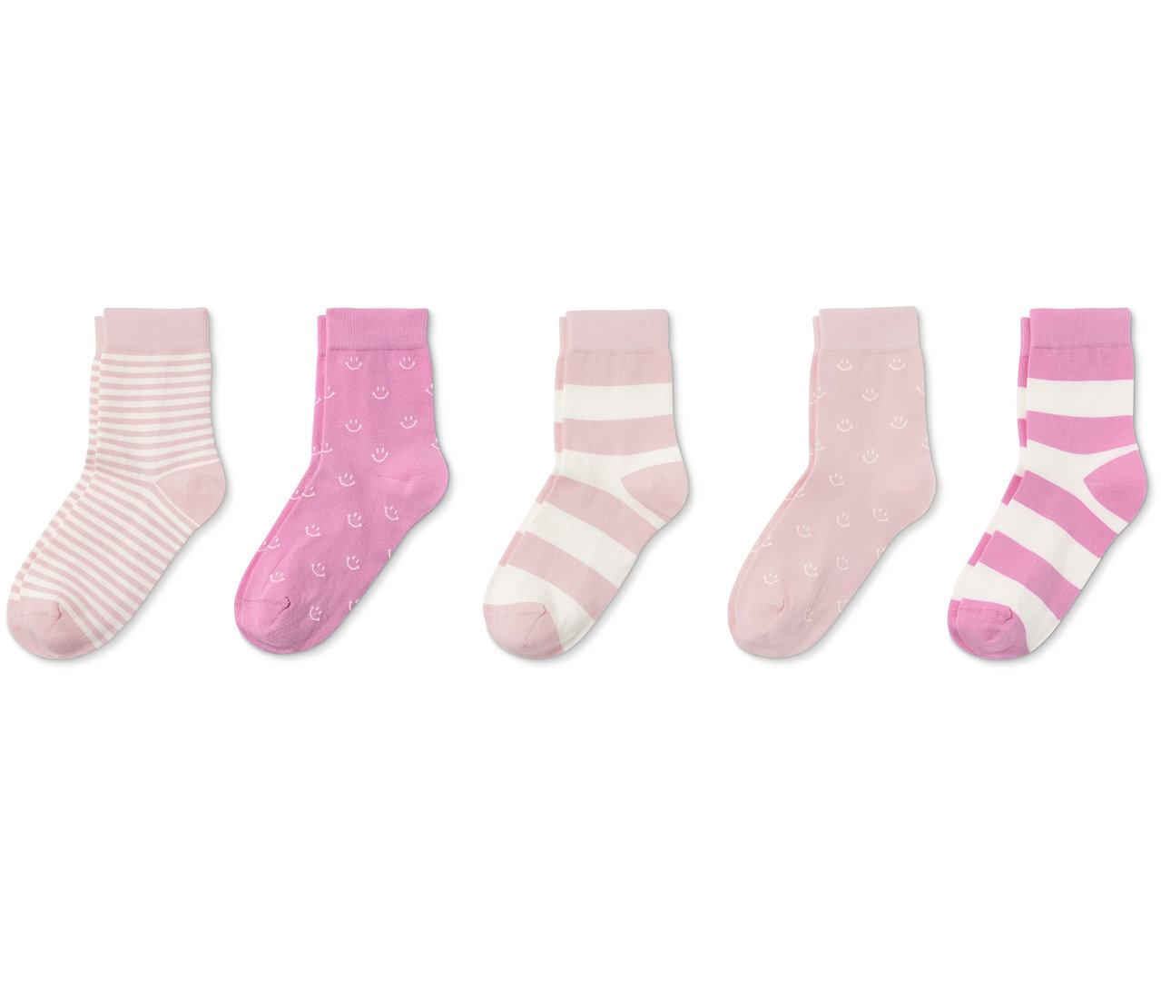Cinq paires de chaussettes avec différents motifs dans les tons roses.