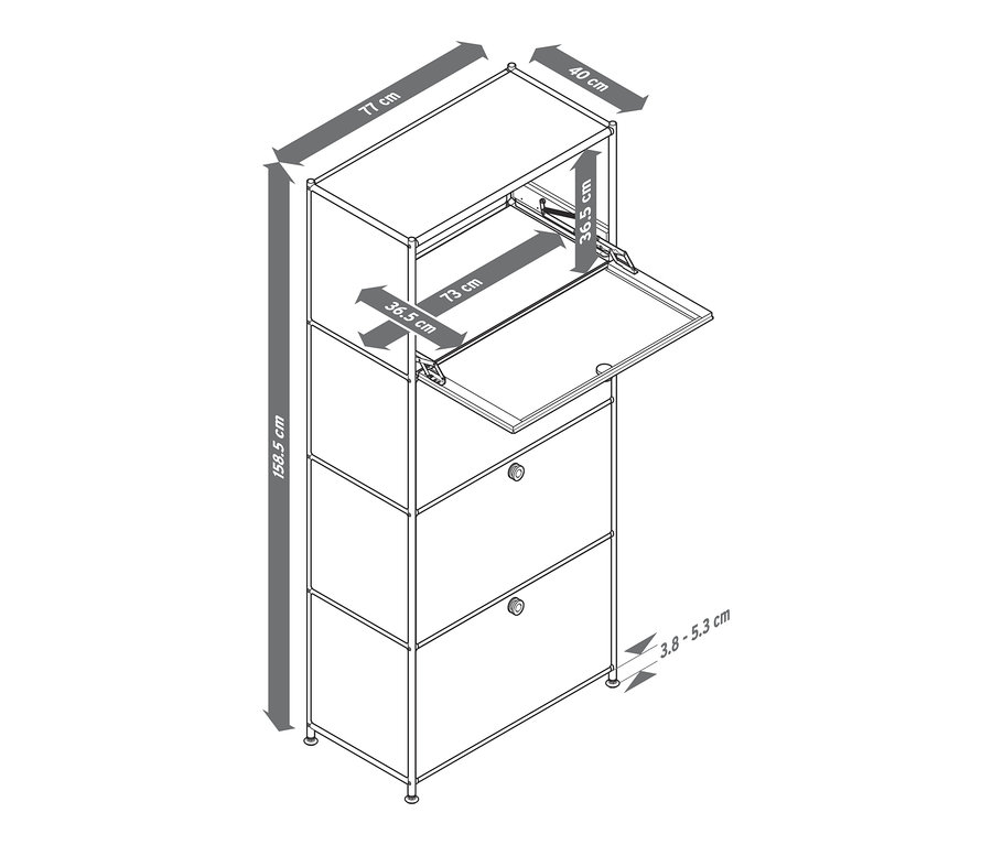 Schéma d'un meuble haut en métal « CN3 » à 4 abattants, dont un est ouvert.
