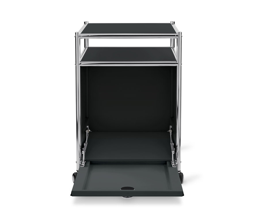 Caisson en métal noir à roulettes « CN3 » avec abattant ouvert.