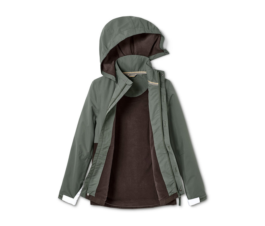 Une veste pour tous les temps verte ouverte avec une couche intérieure marron et une capuche.