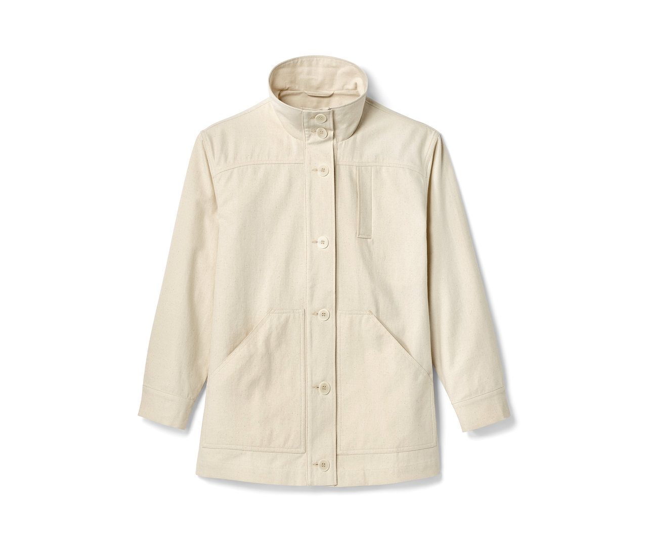 Parka NAH/STUDIO en coton non coloré beige avec manches longues, fermeture boutonnée et poches.