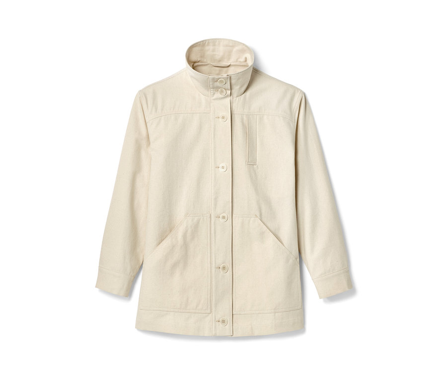 Parka NAH/STUDIO en coton non coloré beige avec manches longues, fermeture boutonnée et poches.