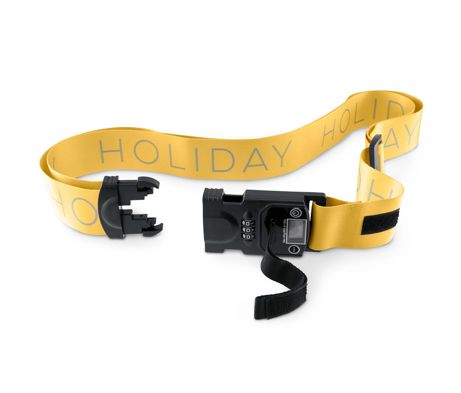 Sangle pour valise 3 en 1 jaune avec balance et serrure noires.