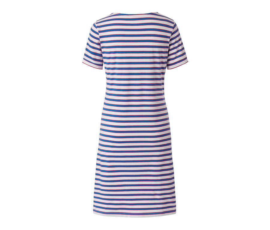 Vue arrière d'une chemise de nuit à manches courtes rayée horizontalement bleu et blanc.