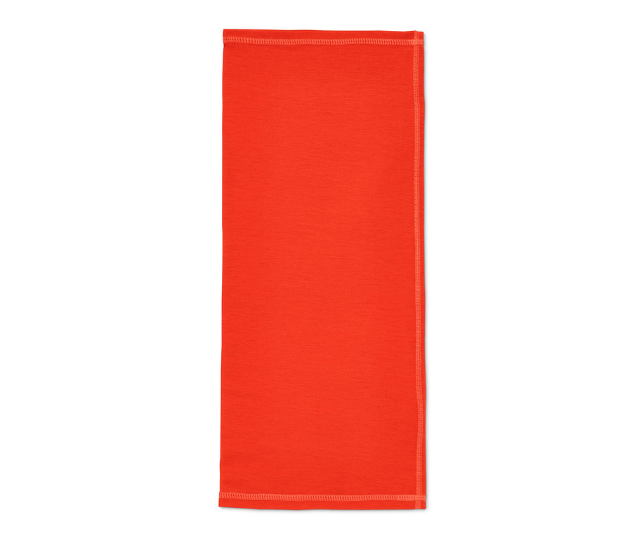Foulard multifonction orange en matériaux recyclés sur fond blanc.