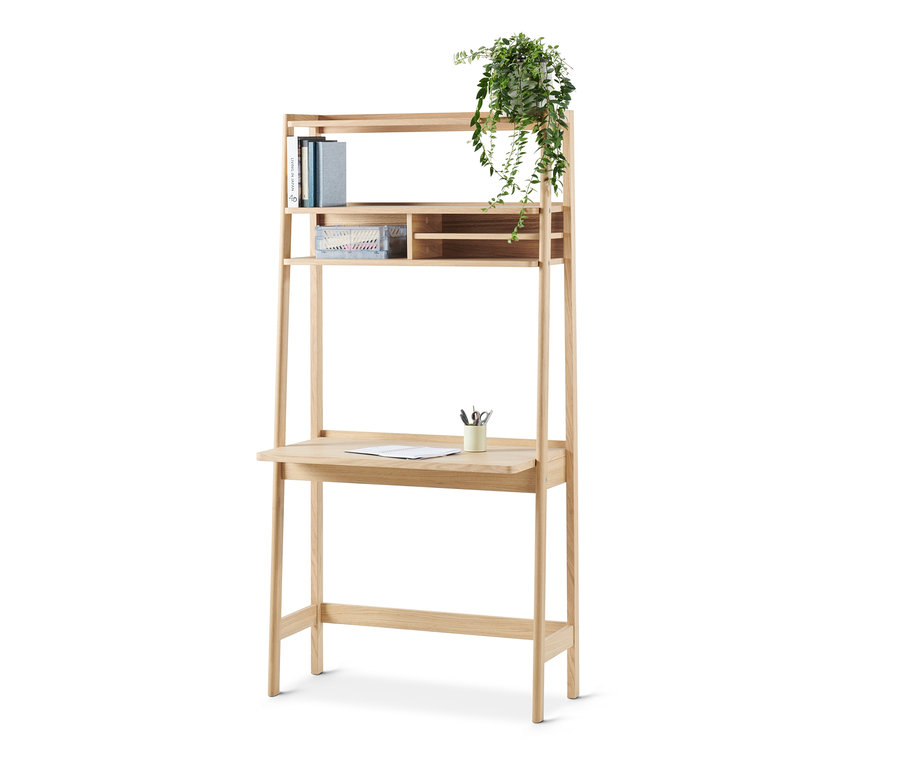 Étagère avec secrétaire, trois étagères, des livres, une plante et un bureau.