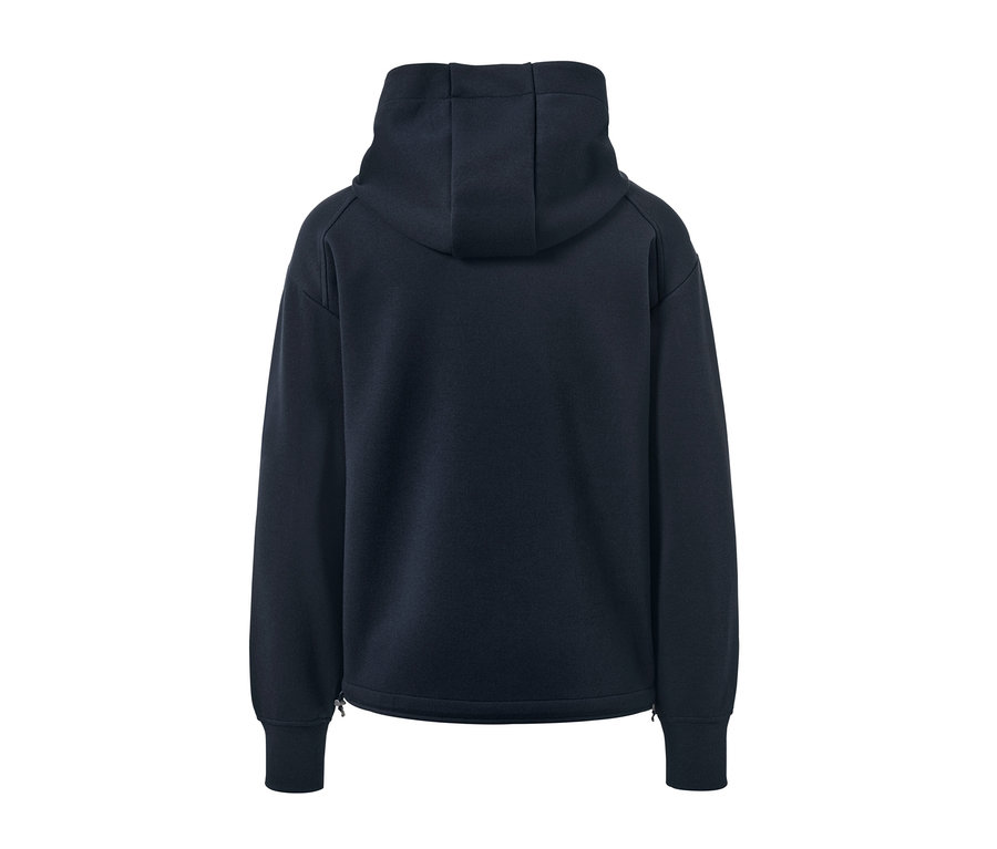 Vue arrière d'un cardigan à capuche bleu marine.