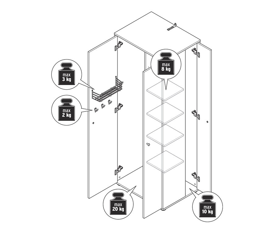 Schéma d'une armoire universelle avec espace de rangement latéral, portes ouvertes et limites de poids maximales.