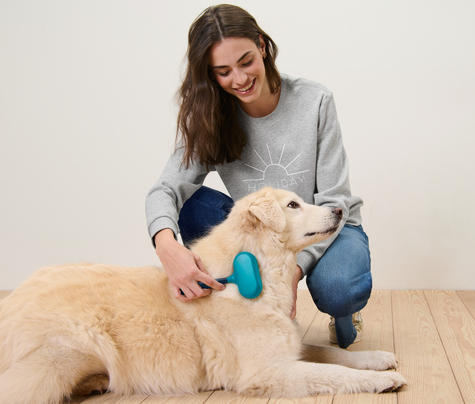 Une femme brosse un chien couché avec une brosse à pelage.