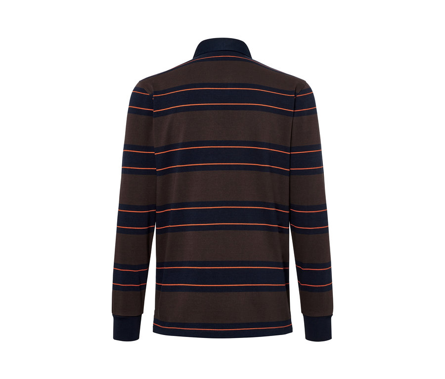Vue arrière d'un polo à manches longues rayé marron et bleu marine.
