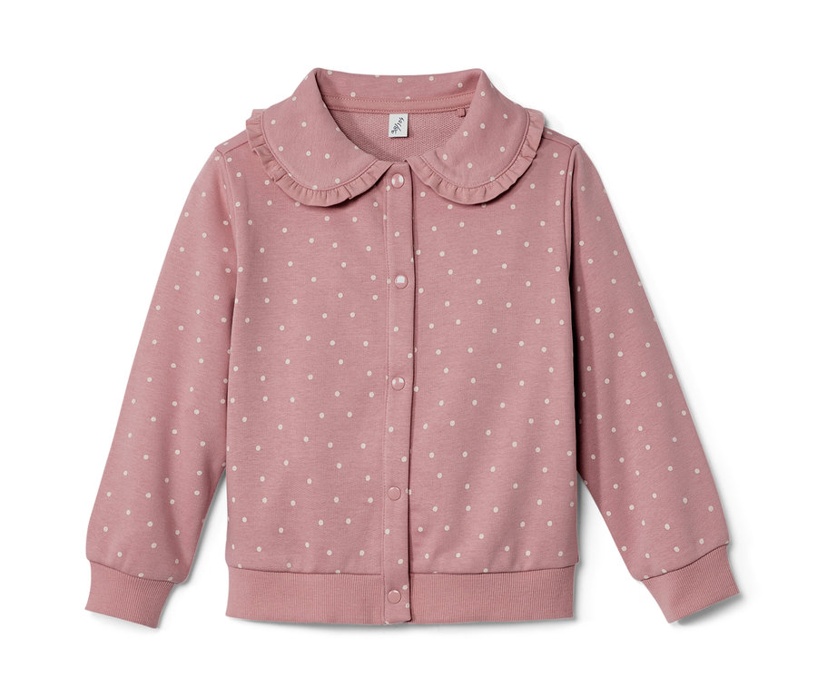 Veste en sweat rose avec volant pour enfant et pois blancs.