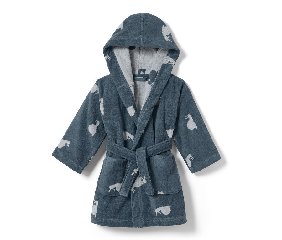 Peignoir bleu pour tout-petit avec motif animalier.