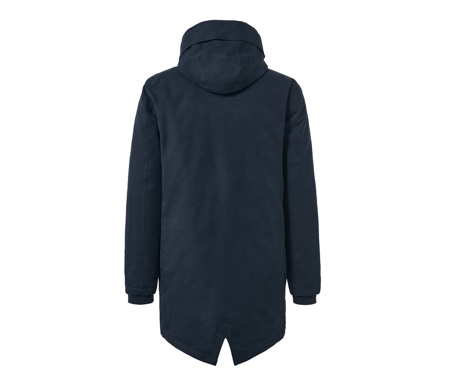 Parka bleu marine avec capuche vue de derrière.