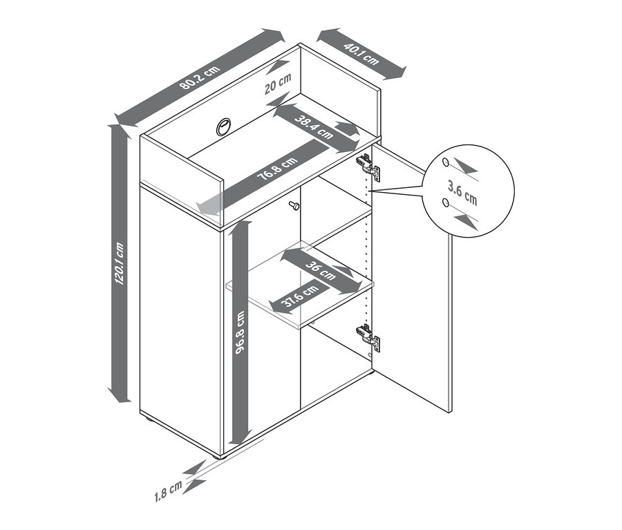 Schéma d'un buffet haut à 2 portes avec dimensions.