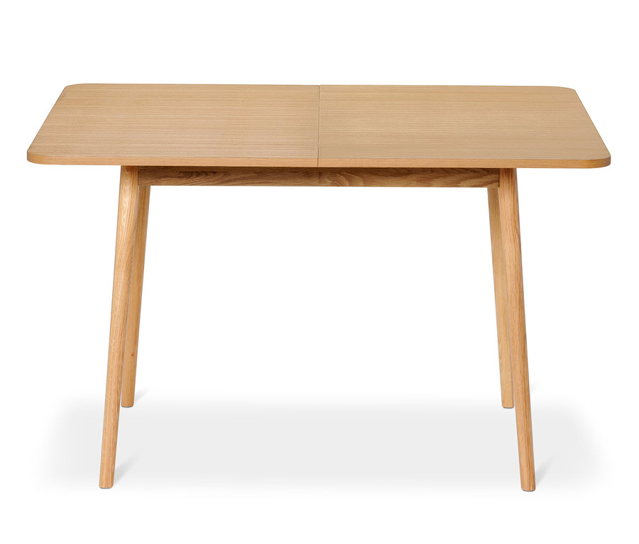 Table à manger extensible en bois clair avec quatre pieds.